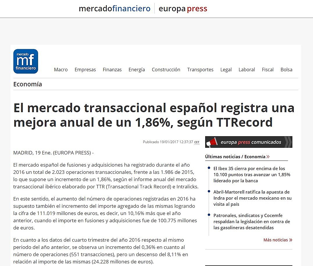 El mercado transaccional espaol registra una mejora anual de un 1,86%, segn TTRecord